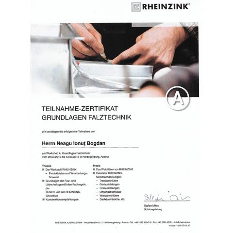 Certificat Rheinzink