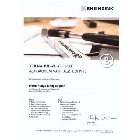 Certificat Rheinzink 2016
